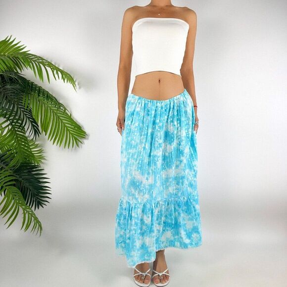 Vintage Y2K Blue Tie Dye Boho Fairycore Low Rise Beachy Hippie Maxi Skirt / S - Picture 4 of 5